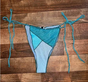 PrettyLittleThing Blue Teal Metallic Patchwork Tie-Side Bikini Bottom thumbnail 1