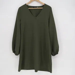 Solersun Olive Green V-Neck Balloon Sleeve Shift Mini Dress Large thumbnail 2