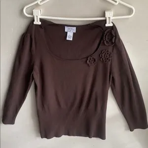 ❤️LOFT Chocolate Knit Top with Floral Details thumbnail 2