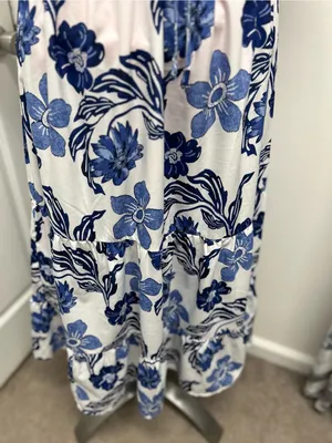 Blush Floral Tie-Front Midi Dress in Blue and White thumbnail 3