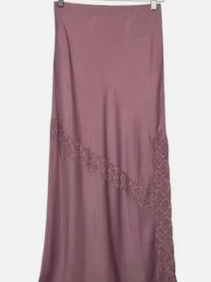 NWOT Free People Y2K Dusty Rose Silky Satin Midi Skirt Cottagecore Lace Pull On thumbnail 3