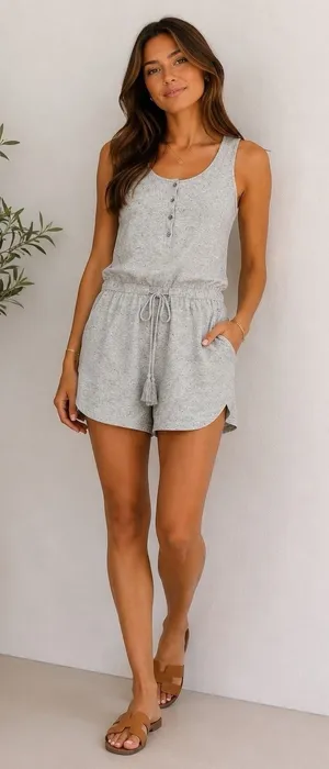 Hem and Thread Romper Size Large Button Front V Neck Short‎ Sleeve Gray #BBB12-1 thumbnail 1