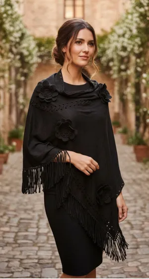 Janice Black Faux Suede Floral Fringe shawl Wrap One Size NWT thumbnail 1