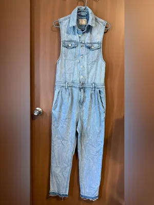 Free People - We The Free Blue Fast Car Sleeveless Denim Utility Jumpsuit Sz: S thumbnail 5