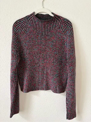 Lululemon Cotton Cashmere Blend Mock Neck Sweater Carnation Red Turquoise Size 6 thumbnail 1