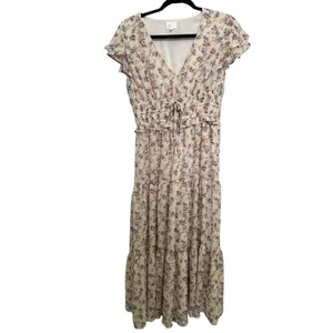 Boho Floral Tiered Maxi Dress V-Neck Smocked Waist Cream SzM Perfect for Fall! thumbnail 4