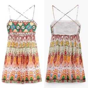ZARA Geometric Print Straight Neck Strappy Embroidered Short Dress Size‎ Small thumbnail 3