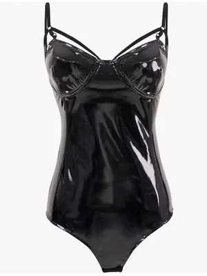 One Piece Halter Sexy Wet Look Leather Leotard Bodysuit in Black Tuzi Sz. Small thumbnail 2
