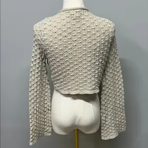 Hippie Rose Open Knit Crochet Top Tan Flare Sleeve Boho Cottagecore Coquette Festival Medium thumbnail 2