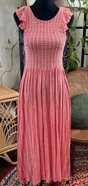 Free People Chambray Butterflies Washed Red Striped Button Back Boho Midi Dress thumbnail 1