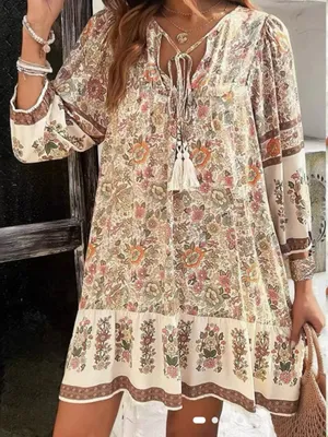Women’s Boho Floral Mini Dress Apricot XXL Long Sleeve Tassel Tie Ruffle thumbnail 1