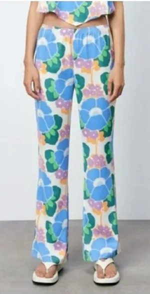 Zara Womens Floral Print Straight Leg Elastic Waist Pants‎ Blue Green Orange M thumbnail 1