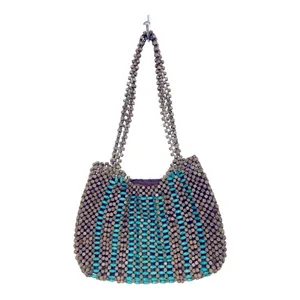 Vintage 80’s Wooden Beaded Purse Turquoise & Natural Wood Handbag Boho thumbnail 3