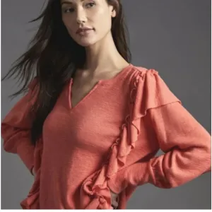 PILCRO Urban Outfitters Coral‎ Orange Ruffle Side Hi-Low Sweater Size Medium thumbnail 1