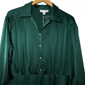 She + Sky‎ Donna Satin Mini Dress Emerald Green Collared Long Sleeve NWT Size S thumbnail 4