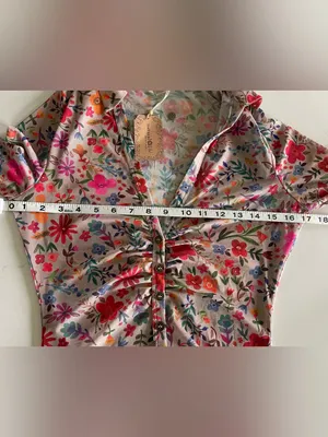 Natural Life Carina Mesh Top Floral Wildflower Ruched Button Down thumbnail 5