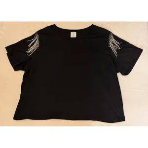 Joie Black Rhinestone Fringe Shoulder Cotton T-Shirt XL Short Sleeve Crop Top thumbnail 3