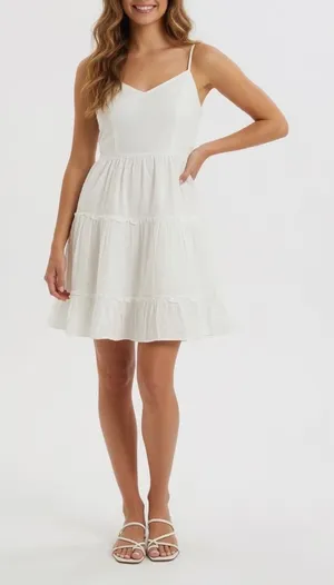 Fancyinn White Tiered Mini Sundress Smocked Back Adjustable Straps Size L thumbnail 1