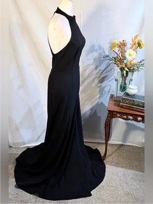 💥BHLDN Serephina Black Crepe Backless Halter Maxi Gown Side Slit Sz 12🧡 thumbnail 6