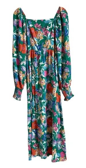 PRETTYGARDEN Green Tropical Floral Maxi Dress Smocked Cuff Square‎ Neck Boho M thumbnail 1