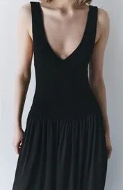 ZARA NWT Black Contrast Midi Pocket Dress Drop Waist ZW‎ COLLECTION Size XS thumbnail 1