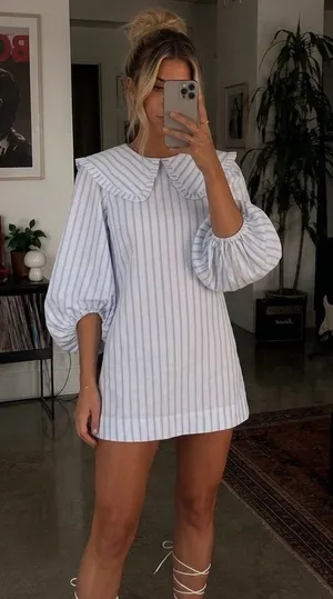 Ganni Blue White Stripe Balloon Sleeve Mini Dress Peter Pan Collar EU 38 US 6 thumbnail 1