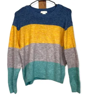 H&M Blue, Yellow, Gray & Green‎ Colorblock Stripe Long Sleeve Sweater Size S thumbnail 1