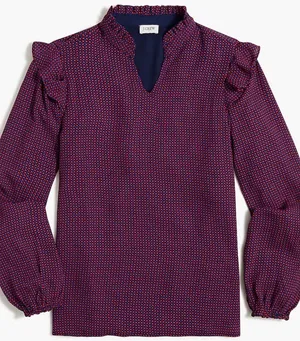 J. Crew V neck ruffle‎ blouse size medium in antique navy geranium thumbnail 1