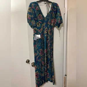 NWT The Good Journey Puff Sleeve Floral Cotton Maxi Dress Green 2 thumbnail 5