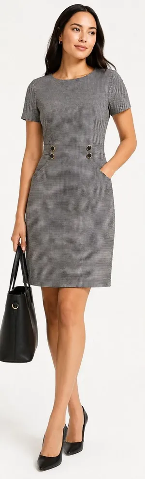 Ann Taylor NWT Houndstooth Sheath Dress Short Sleeve Button Detail Black White 6 thumbnail 1