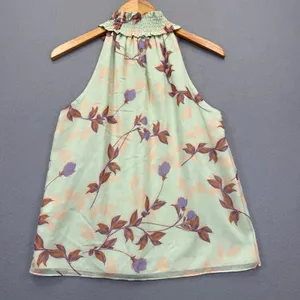 Amanda Uprichard Floral Halter Blouse Mint Green Ruffle Neck Sleeveless Top L thumbnail 6
