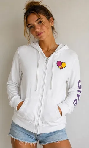 Zip Up Hoodie Womens L White Give From The Heart Rhinestone Peace Graphic thumbnail 1
