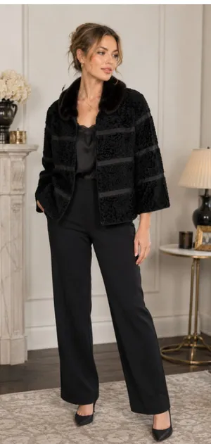 Kalina Furs & Fashions Black Persian Lamb Fur Jacket Mink Collar Vintage Open Fr thumbnail 1
