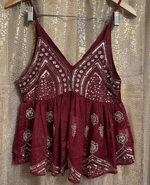 LC collection Burgundy Beaded Sequin Sheer Chiffon Cami Tank Top S NWT thumbnail 1