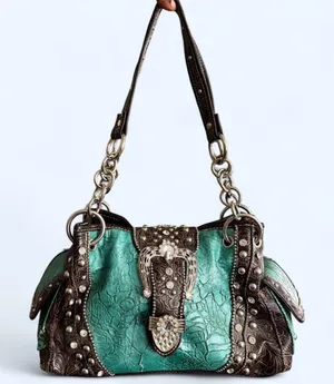 Y2K 2000s Western Mcbling Bimbo Goth Leather Rhinestone Large Buckle Hand Shoulder Bag Purse Preppy bedazzled silver stud blue turquoise brown #cowgirl #whimsygoth #grunge #punk #stagecoach festival Measurement in pics Some distressing see pics thumbnail 1