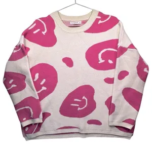 Moon & Madison Y2K Sweater Ivory with Pink Smiley Faces Oversized Soft Cozy XL thumbnail 1