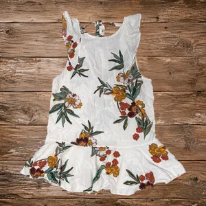 Free People Floral Linen Tunic Summer In Tulum Top XS Boho Ruffle Ivory thumbnail 2