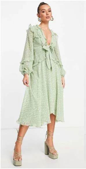 ASOS Pleat Detail Midi Dress In Jacquard Satin Spot With Tie Detail In Sage thumbnail 1