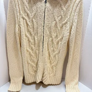 Vtg Old Navy Cable Knit Sweater Zip Up Faux Fur Collar Cream Beige Y2K XL thumbnail 3