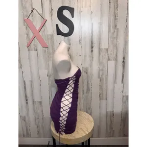 Purple Sequin Bodycon Mini Dress XS Strapless Lace Up Side Party Club thumbnail 2
