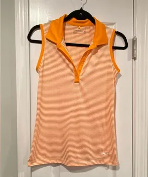 Nike Dri Fit Gold Size XS Sleeveless V Neck Collared Athletic Top Orange Stripes thumbnail 1