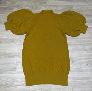 Happy x Nature Puff Sleeve Sweater Dress Mock Neck Chevron Knit Retro Boho thumbnail 1