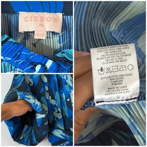 Ciebon XS Blue Pleated Floral Belted Mini Dress Balloon Sleeve Button Front thumbnail 3