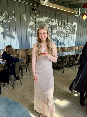 Sheer Beaded Long Sleeve Maxi Dress in Nude/Pearl thumbnail 2
