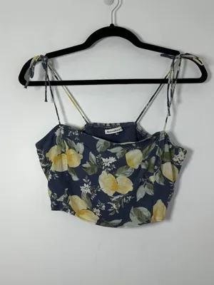 Abercrombie & Fitch Size Medium Blue Linen-Blend Crop Top Lemon Print Boho thumbnail 3