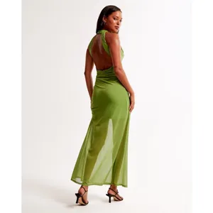Abercrombie & Fitch Vol. 28 Sheer Halter Maxi Dress in Green thumbnail 2