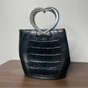Brighton Corazon Black Croc Embossed Leather Heart Handle Small Bucket Handbag thumbnail 3