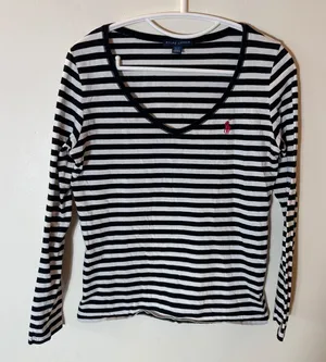 Ralph Lauren Navy White Striped V-Neck Long Sleeve‎ Cotton Tee Shirt Size Medium thumbnail 1