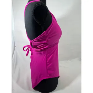 Kona Sol Crochet Trim‎ Lace Up Back 1 Piece Swimsuit Women M Hot Pink Barbievore thumbnail 4