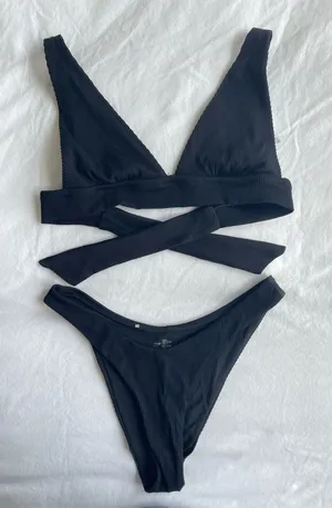 Aerie Black Ribbed Triangle Bikini Cheeky Bottom Set thumbnail 1